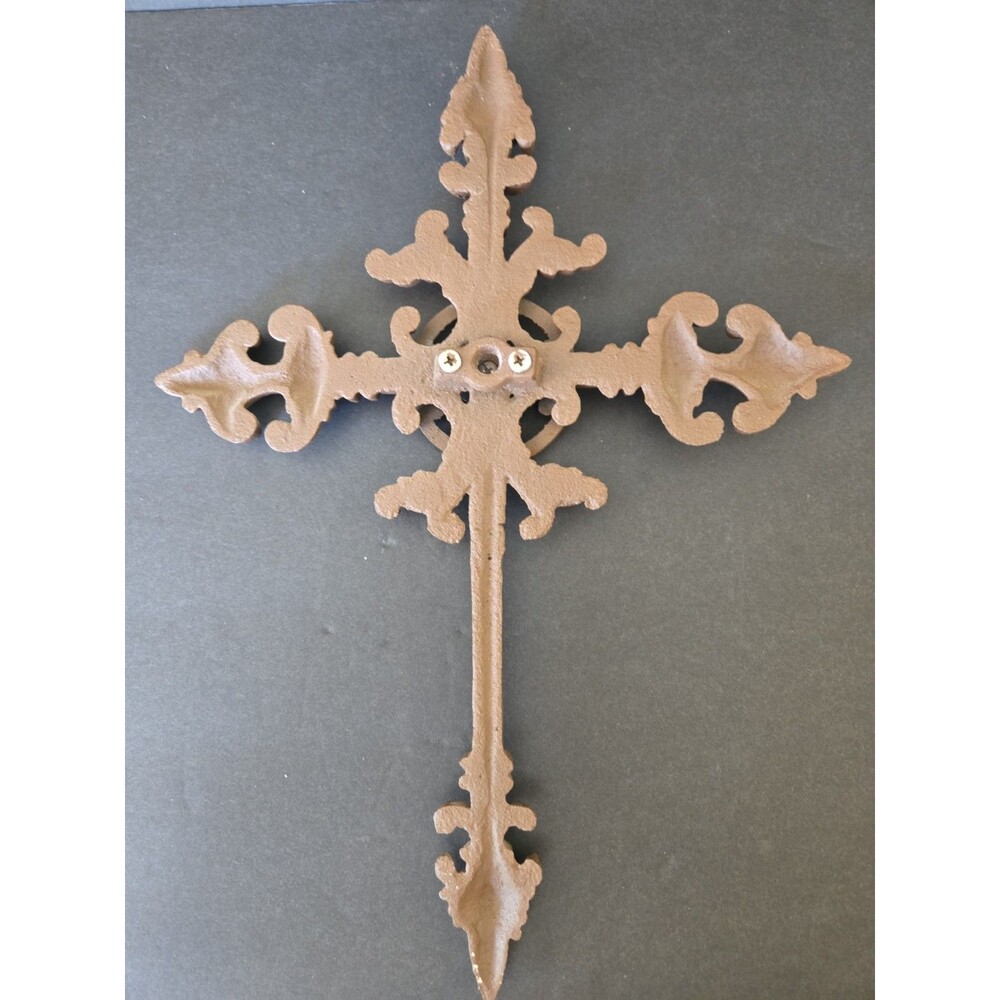Ornate Cast Iron Fleur-de-Lis Wall Cross - 15" x 11" Rustic Decor Brown Heavy - Picture 6 of 8